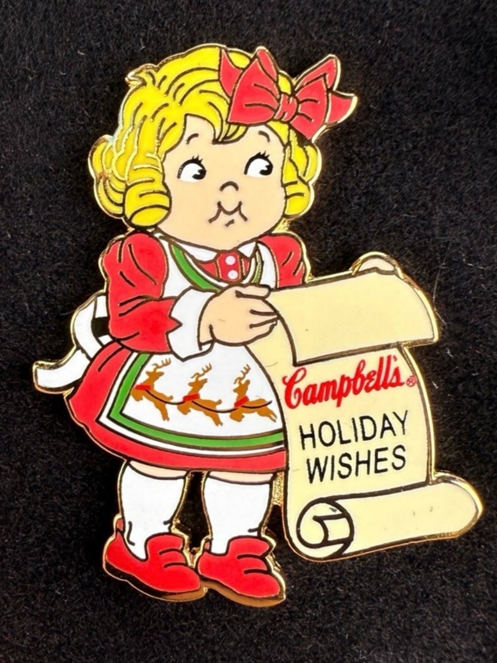 Vintage Campbell’s Holiday Wishes Girl Christmas Enamel Brooch Pin